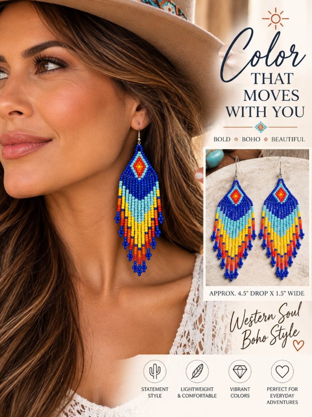Blue Beaded Fringe Earrings Southwestern Boho Western Statement Dangle Jewelry